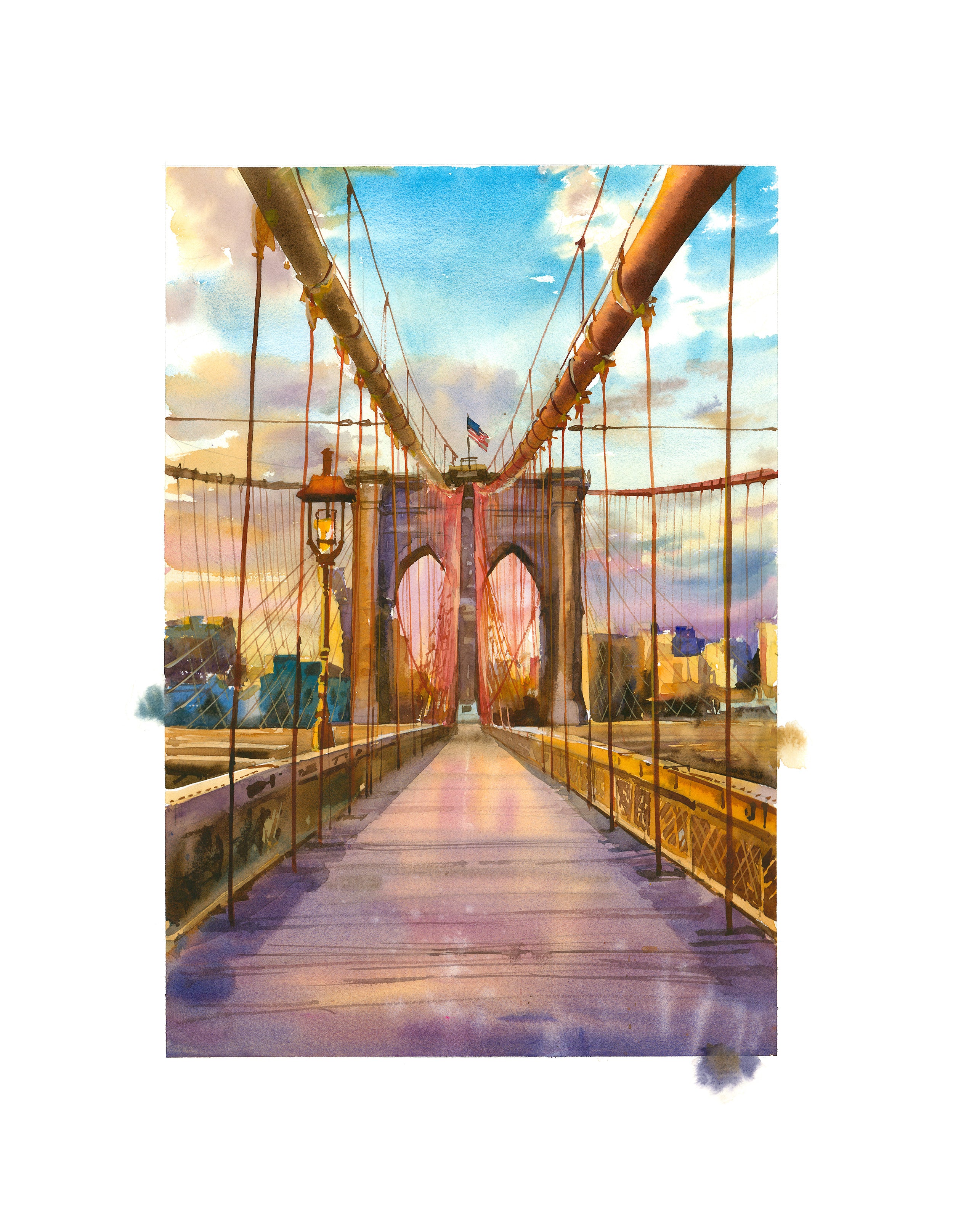 NEW YORK CITY - BROOKLYN BRIDGE AT SUNSET - WATERCOLOR PRINT (LIMITED ...